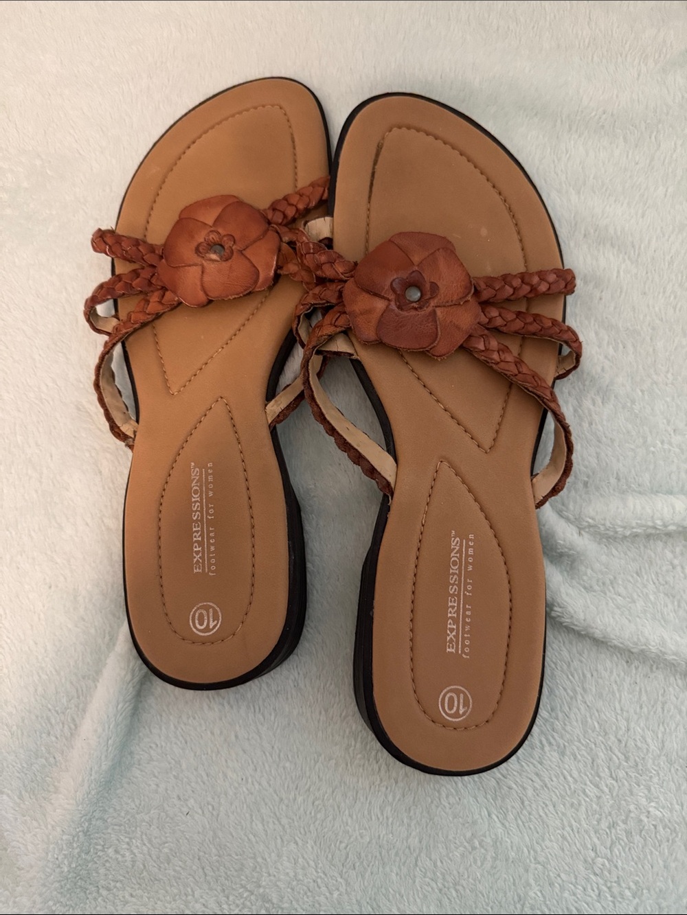 Expressions Brown Braided Flower Slide Sandals